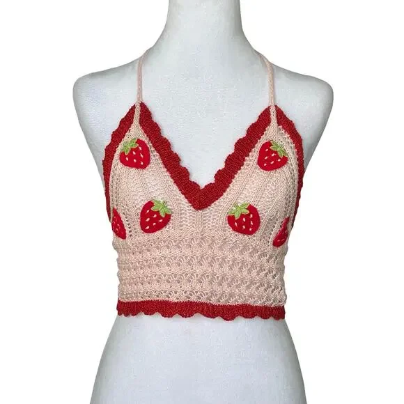 NWT Pink Red Strawberry Crotchet Crop Top L 8 10 Festival Going Out Hippie Boho - Picture 2 of 5